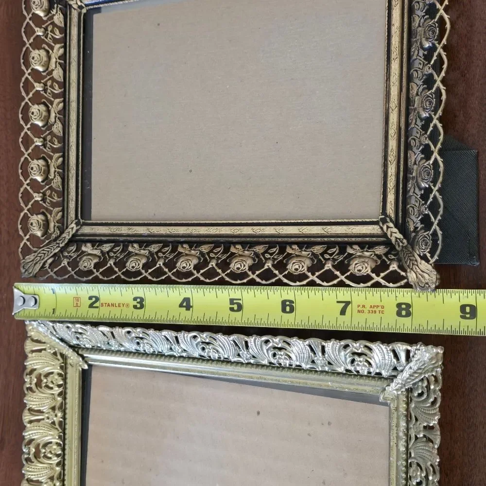 Vintage Ornate Brass Photo Frame Set Gold Tone MCM Filigree‎ Flowers Easel